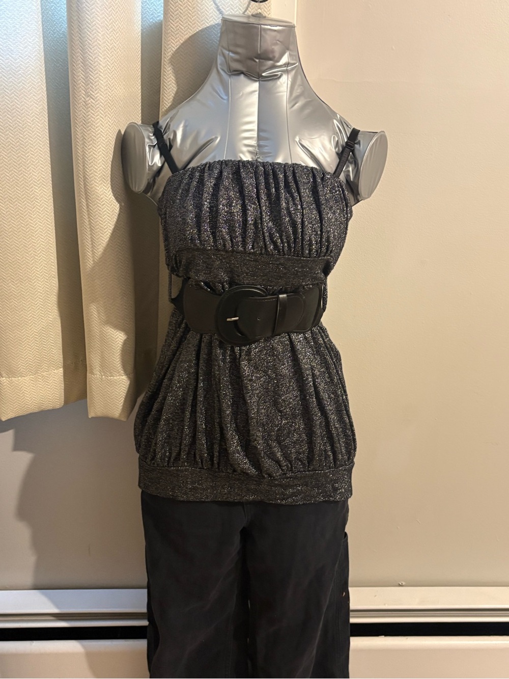 Sparkle Black Silver Glitter Tube Top with Wide Buckle Belt